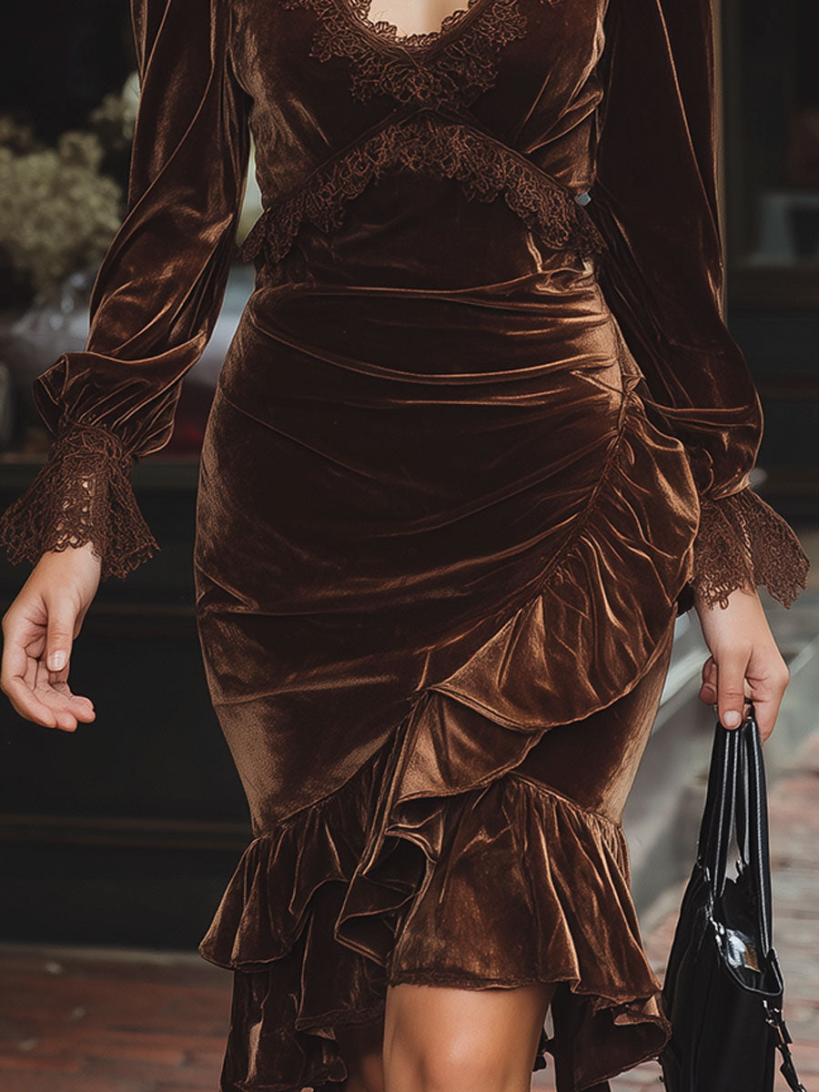 Elegant Irregular Ruffled Hem Polyester Velvet Lace Midi Dress
