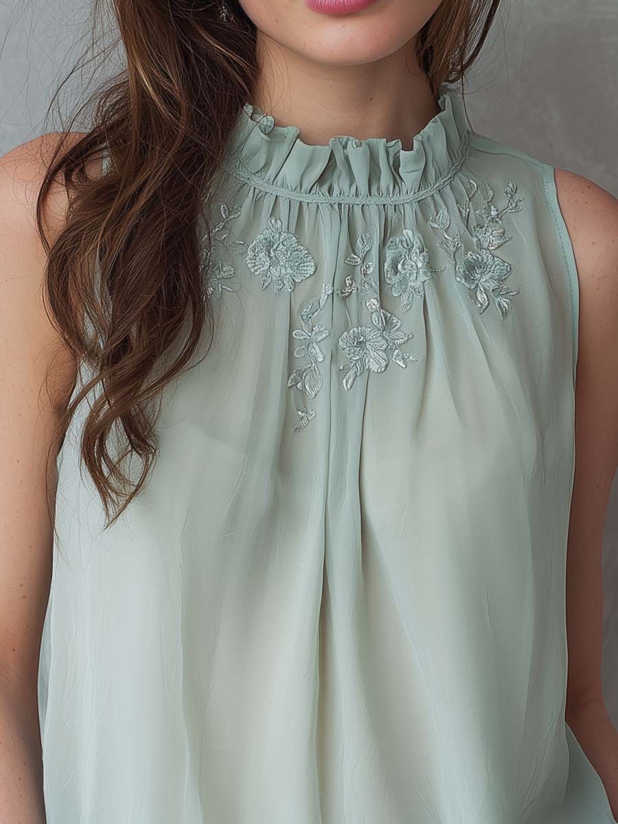 Elegant Embroidered High-Neck Sleeveless Blouse