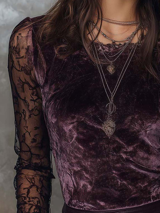 Velvet And Lace Gothic Sheer-Sleeve Top