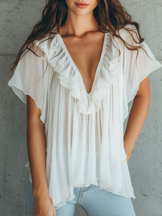 Boho White Ruffled Pleated Chiffon Blouse