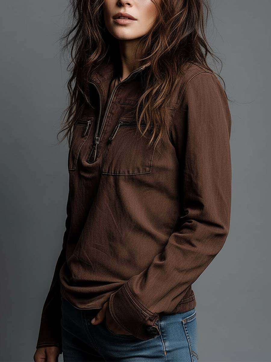 Vintage Brown Washed Denim Zip-Up Shirt