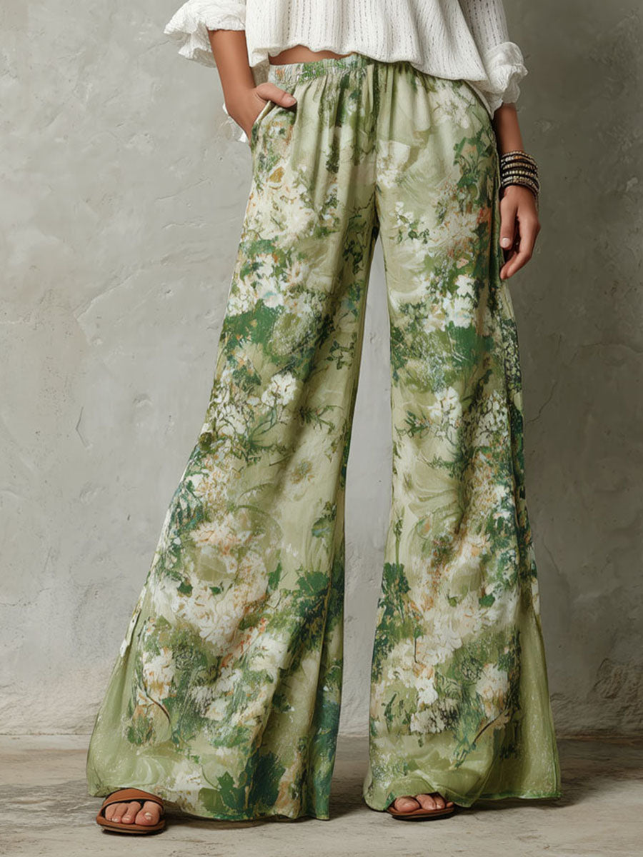 Boho Ivory Knit Top And Floral Wide-Leg Pants Set