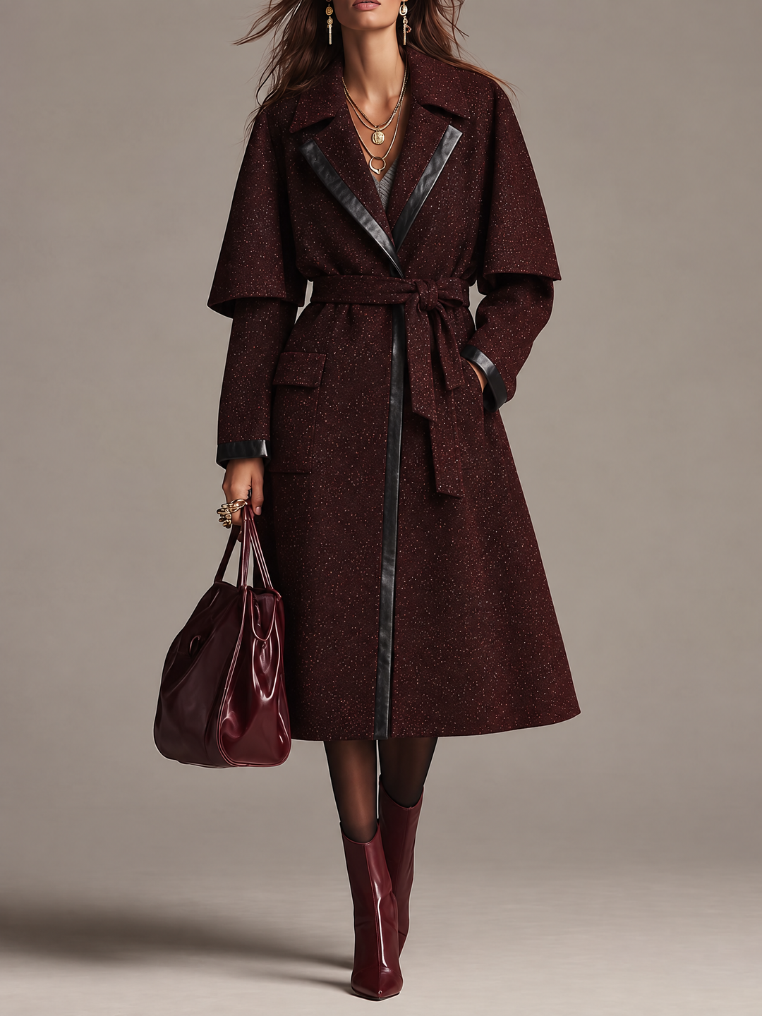 Elegant Wool Blend Trench Coat With Faux Leather Trim