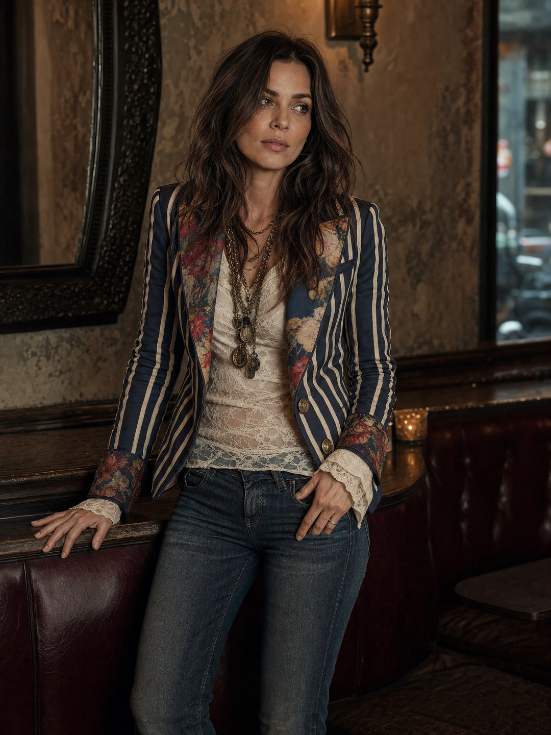 Bohemian Floral Print Cotton And Linen Striped Blazer