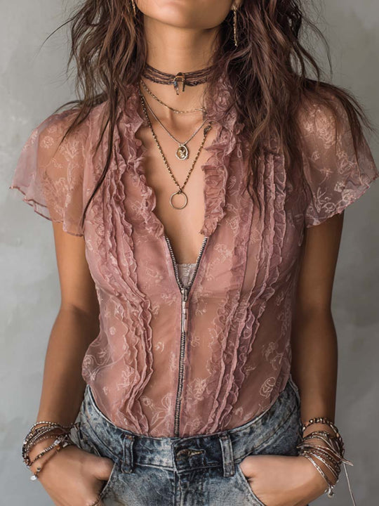 Retro Zipper Collar Ruffle Neck Chiffon Sheer Blouse