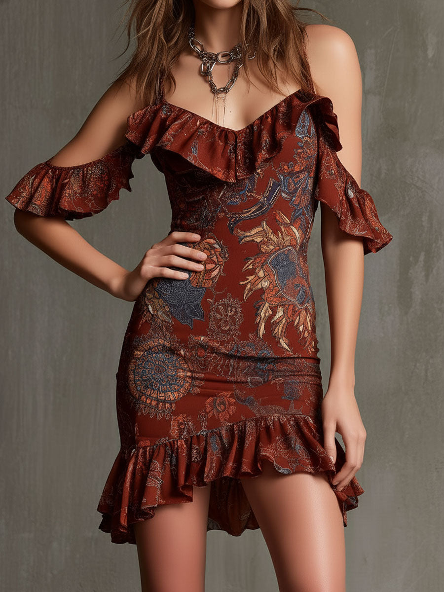 Bohemian Ember Ruffled Cold-Shoulder Mini Dress