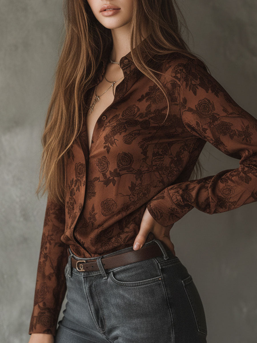 Vintage Rose Pattern Brown Button-Down Shirt
