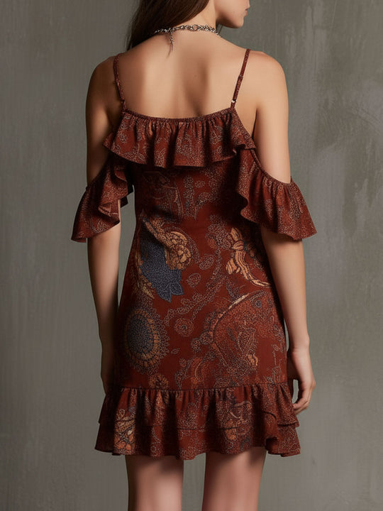 Bohemian Ember Ruffled Cold-Shoulder Mini Dress