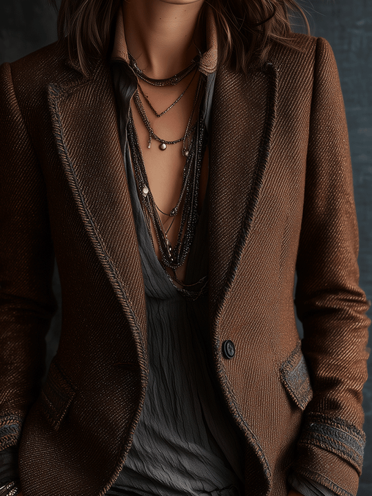 Retro Chic Dark Brownwith Contrast Edge Trim Tailored Blazer