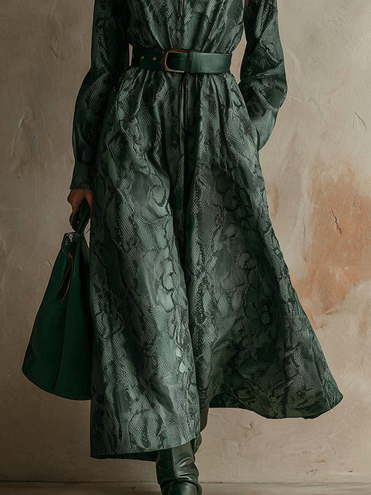 Bohemian Snake Print Polyester Suede Maxi Dress With Belt