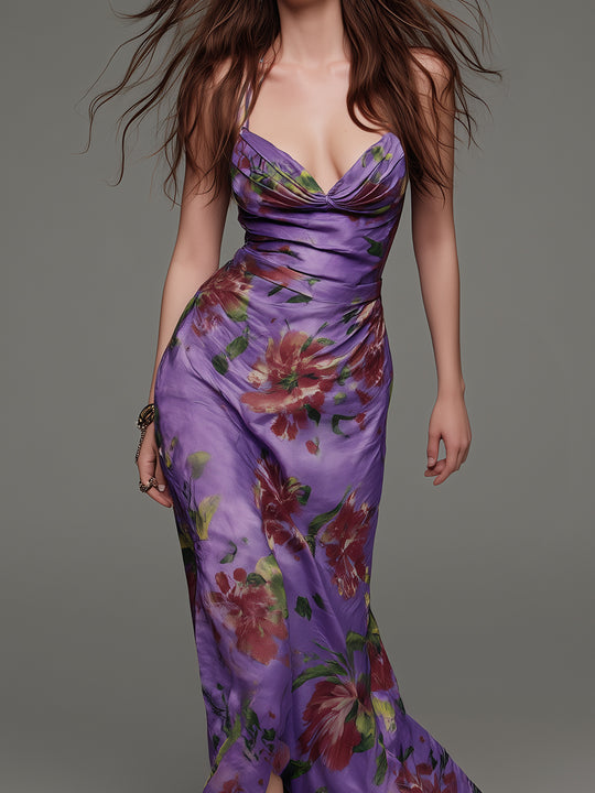 Elegant Floral Print Satin Slim-fit Spaghetti Strap Maxi Dress