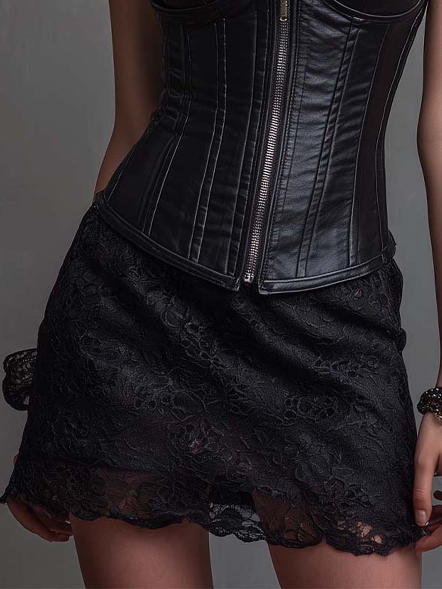 Retro Gothic Black Eco-Leather Corset Lace Mini Dress