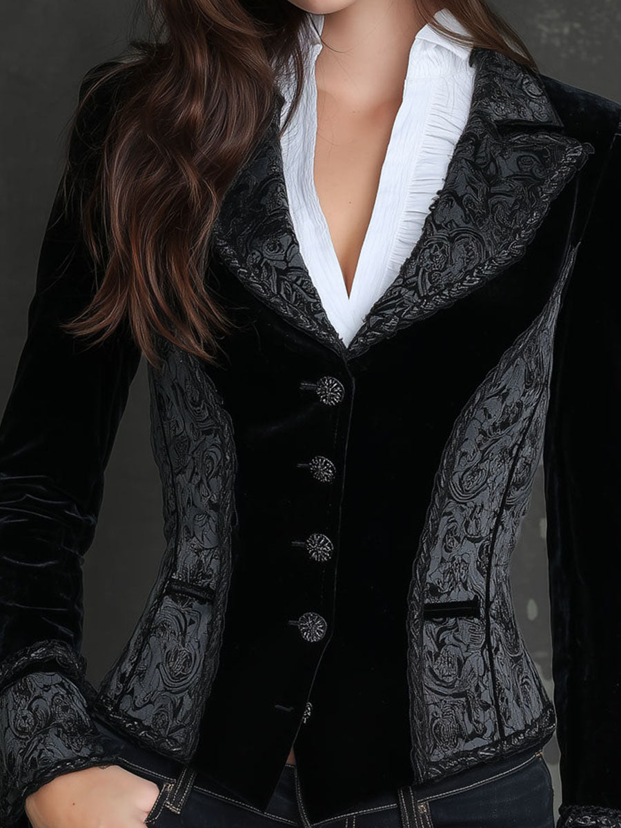 Baroque Black Velvet Print Sculpted Blazer