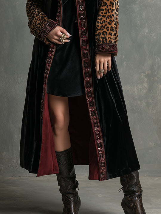 Quiet Luxury Leopard Print Polyester Velvet Splicing Mid-length Coat
