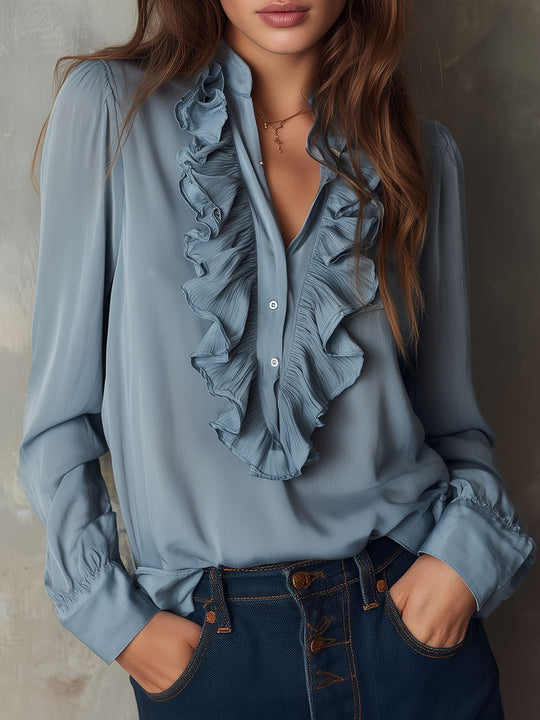 Dusty Blue Ruffle Front V-Neck Button Chiffon Blouse – Futario