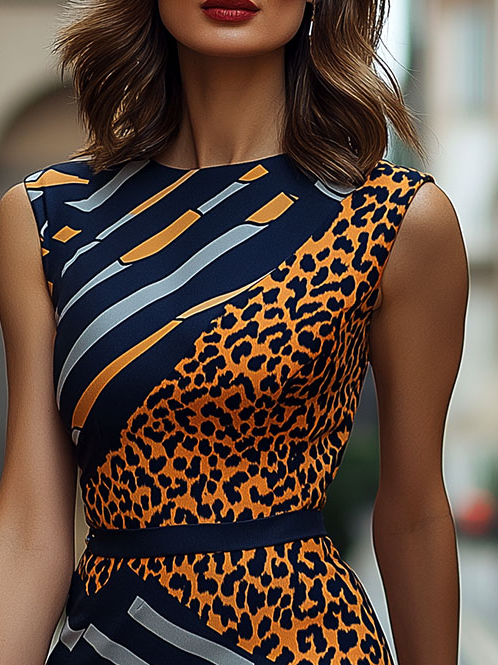 Chic Leopard Stripe Patchwork Print Pencil Dress