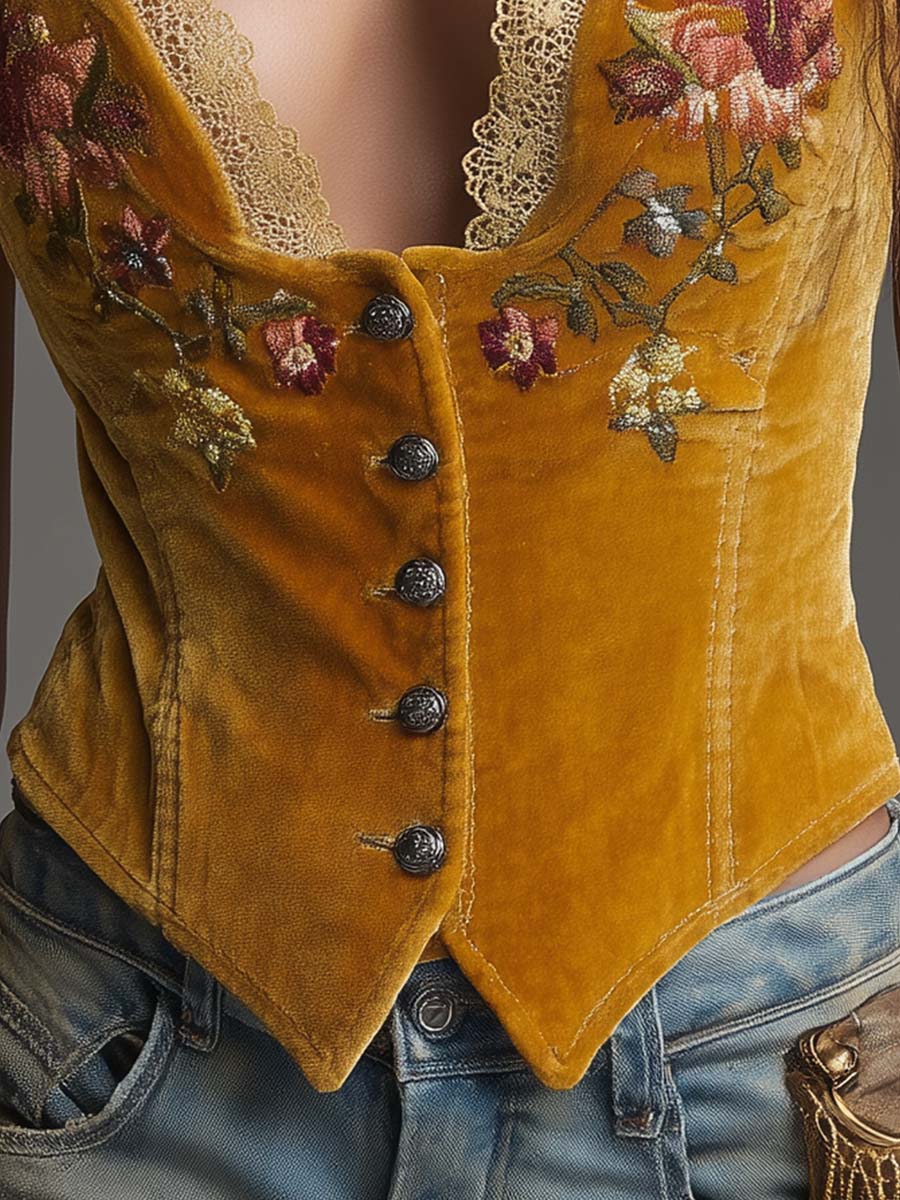 Embroidered Velvet Corset Vest In Golden Marigold