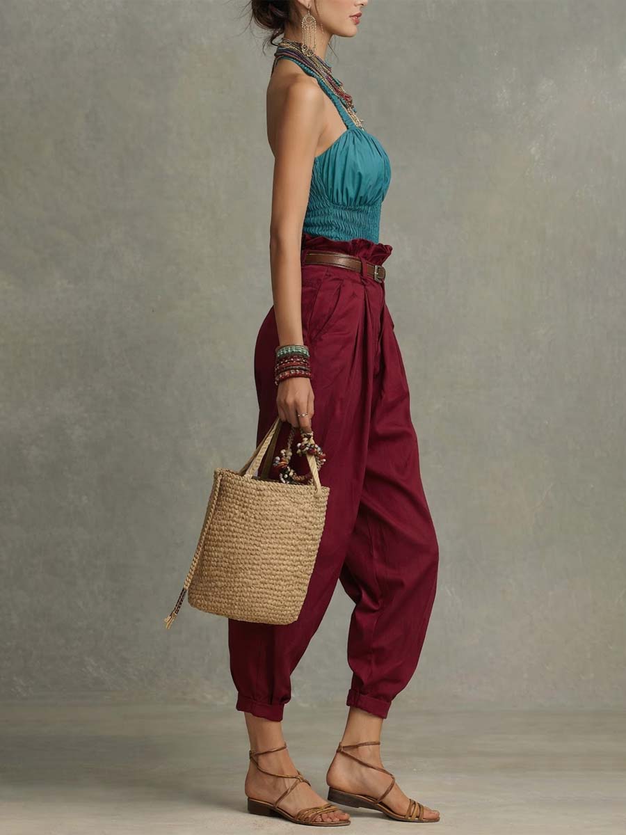 Bohemian Cotton Halter Smocked Top & High-Waisted Paperbag Pants Two-Piece Set