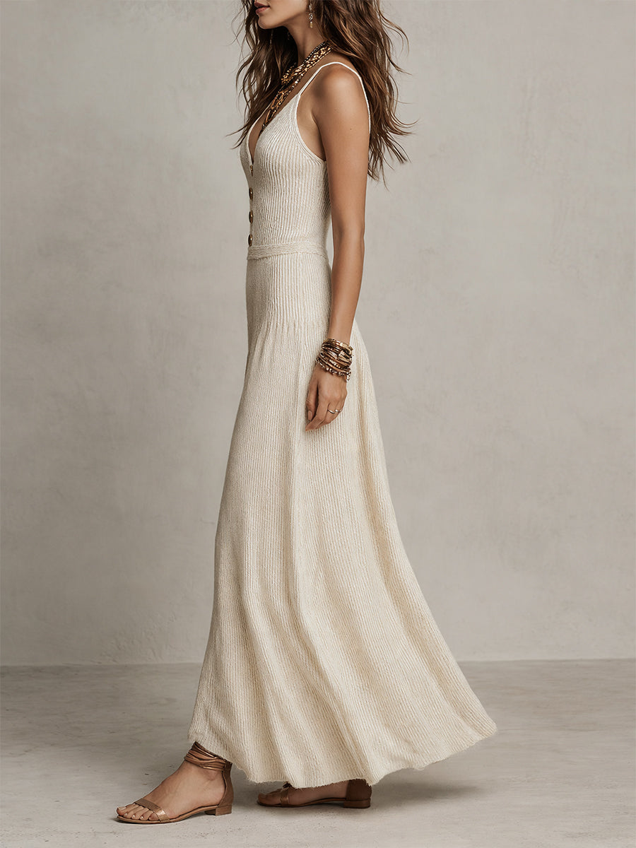 Vintage Knitted Button-down Sleeveless Wide-leg Jumpsuit