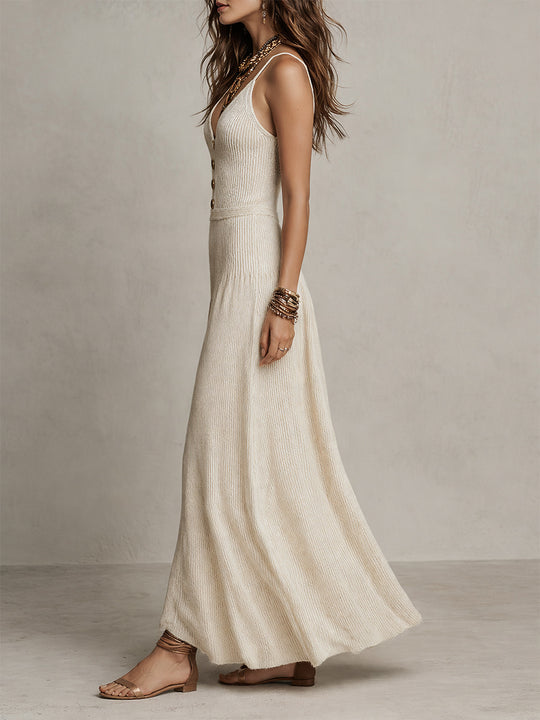 Vintage Knitted Button-down Sleeveless Wide-leg Jumpsuit