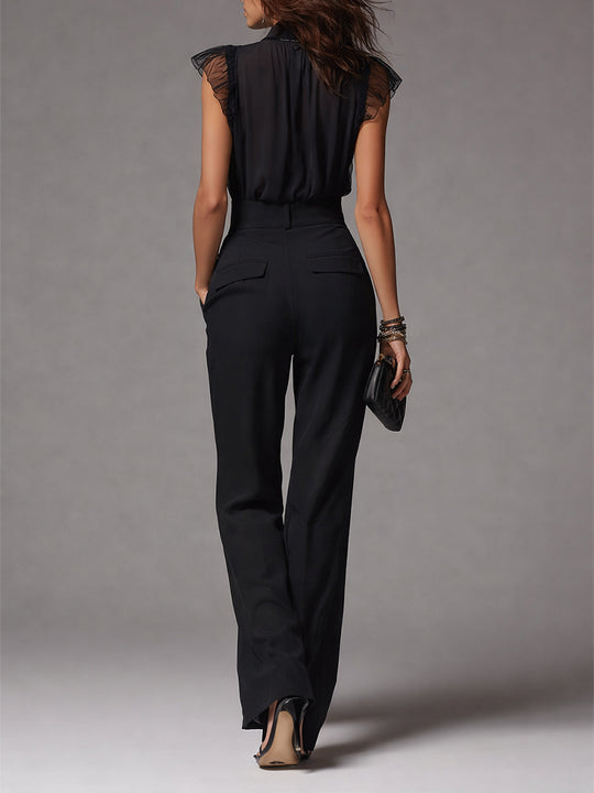 Retro Ruffled Sleeve Blouse & High-waisted Straight-leg Pants Set
