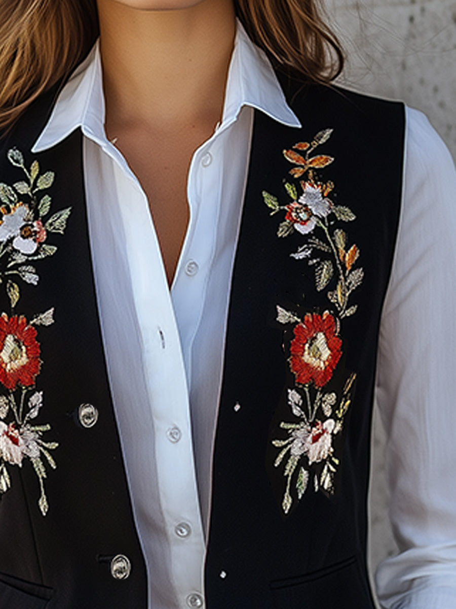 Vintage Black Colorful Floral Embroidered Vest