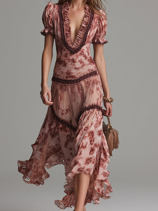 Elegant Pleated Smoked Rose Print Maxi Dress