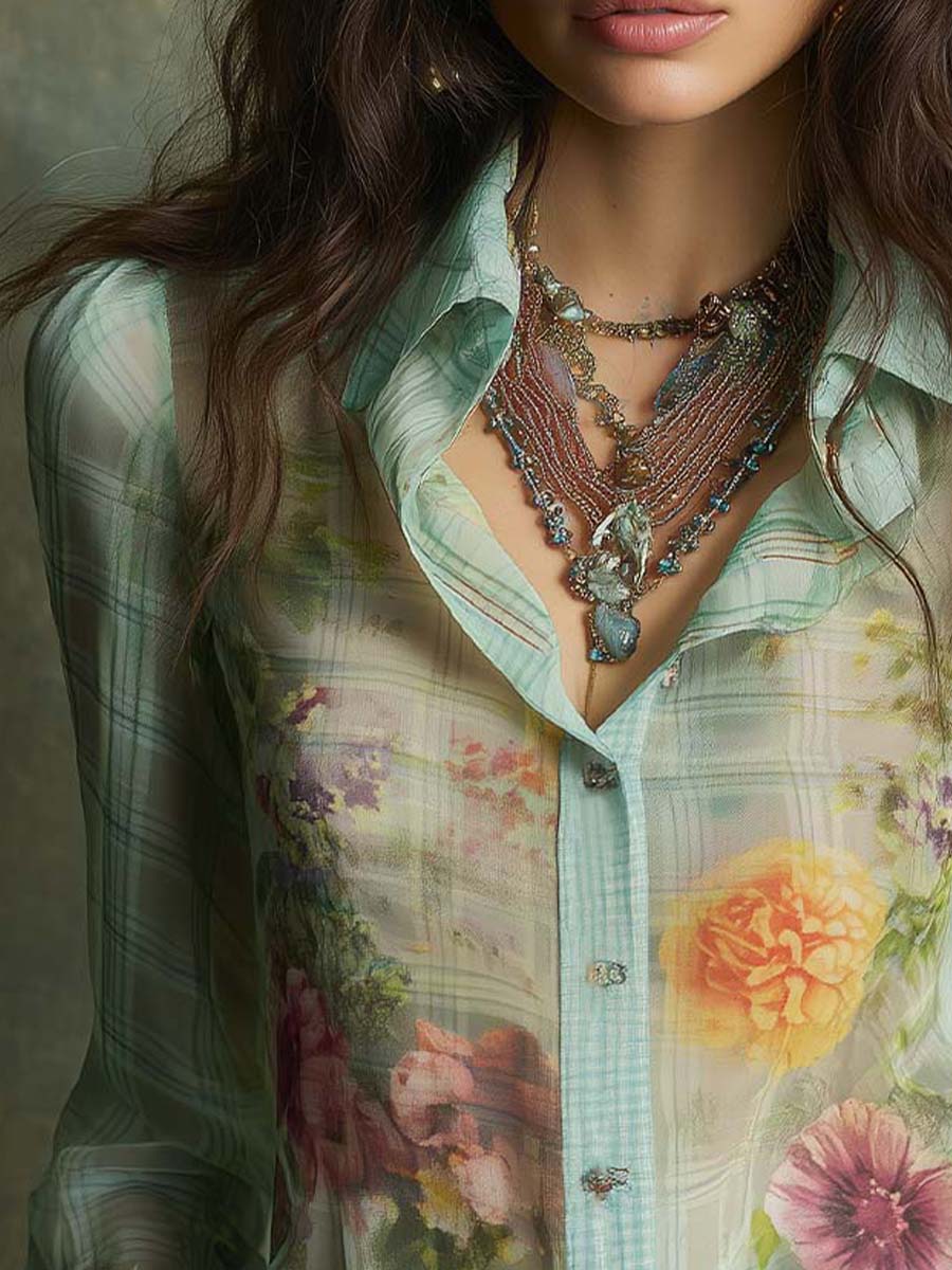 Vintage Boho Sheer Floral Plaid Blouse