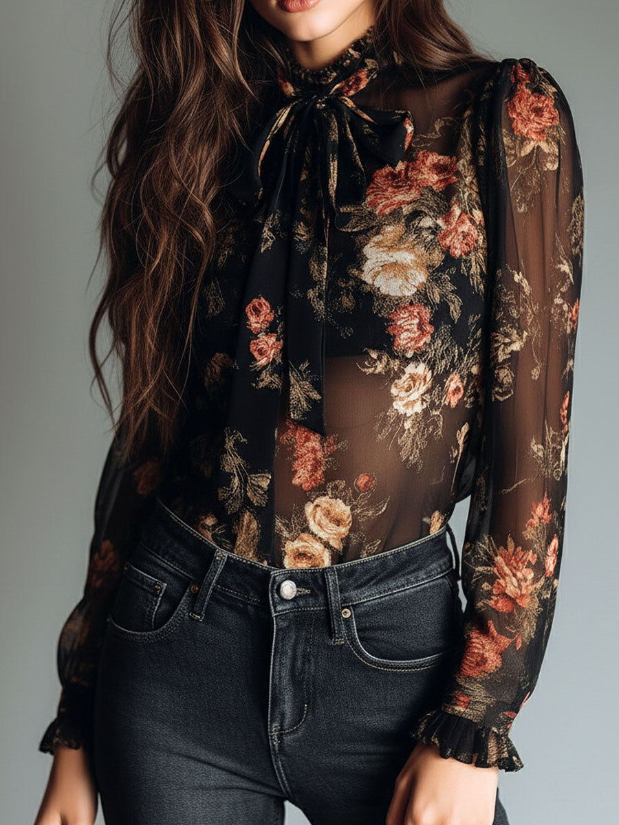 Vintage Black Sheer Chiffon Floral Tie Neck Blouse