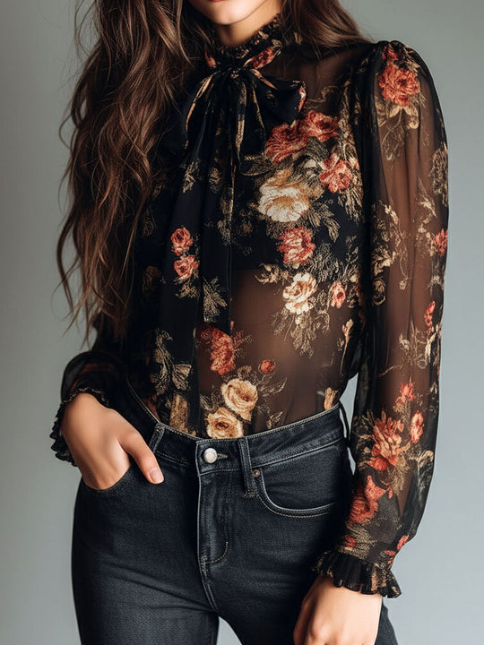 Vintage Black Sheer Chiffon Floral Tie Neck Blouse