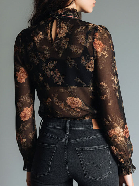 Vintage Black Sheer Chiffon Floral Tie Neck Blouse