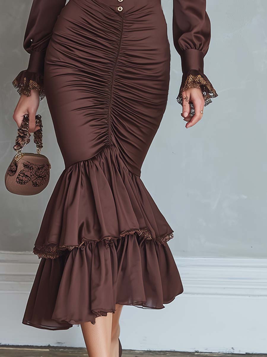 Vintage Lace Trim Peaked Lapel Polyester Satin Midi Dress