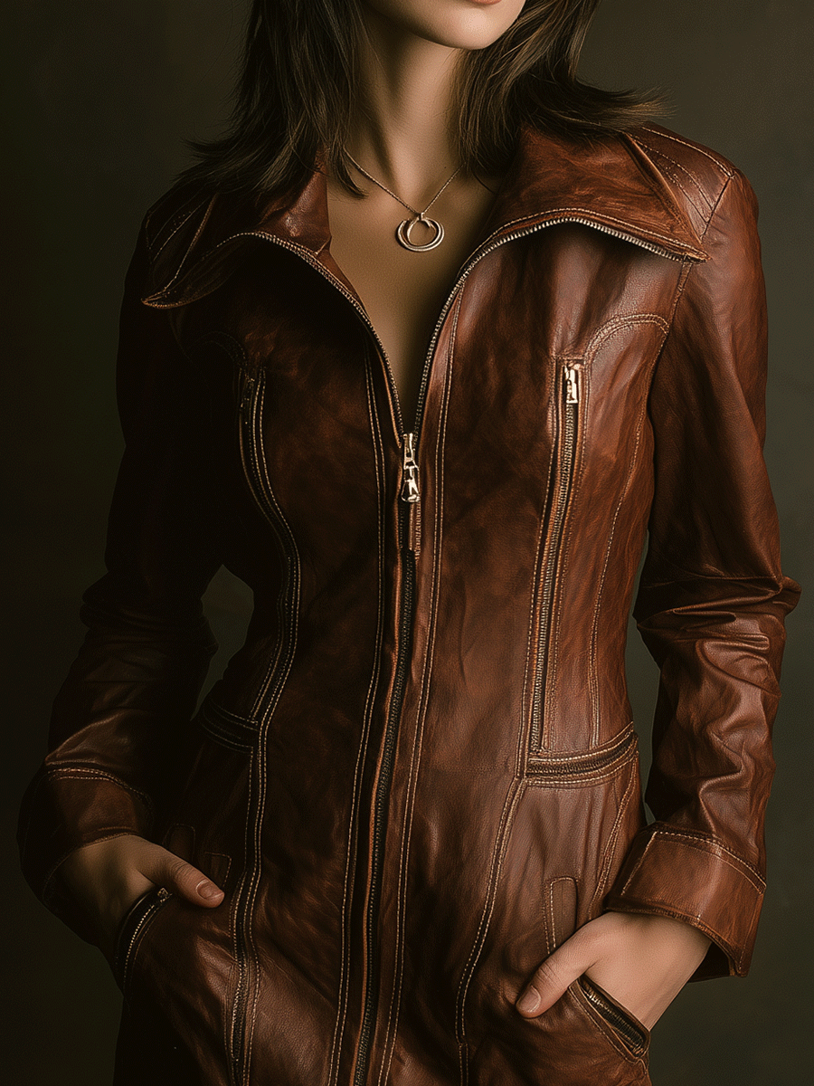 Vintage Cognac-colored Faux Leather Zipper Mini Dress