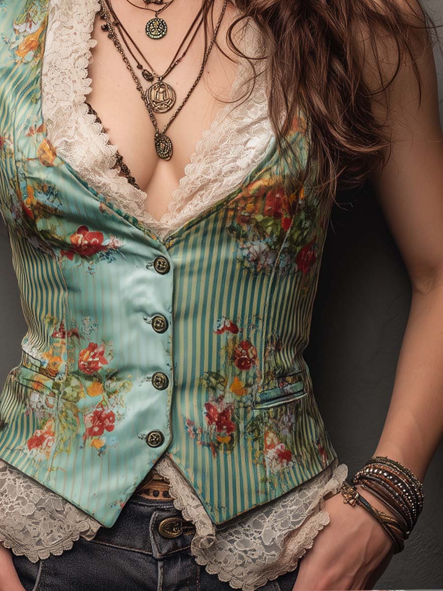Retro Striped Floral Lace Polyester Satin Vest
