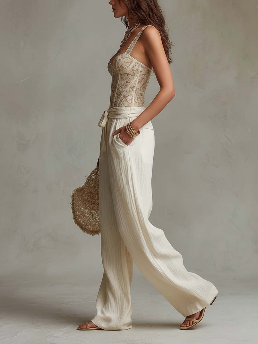 Bohemian Lace bodycon vest & Cotton Wide-Leg Pants Two-Piece Set