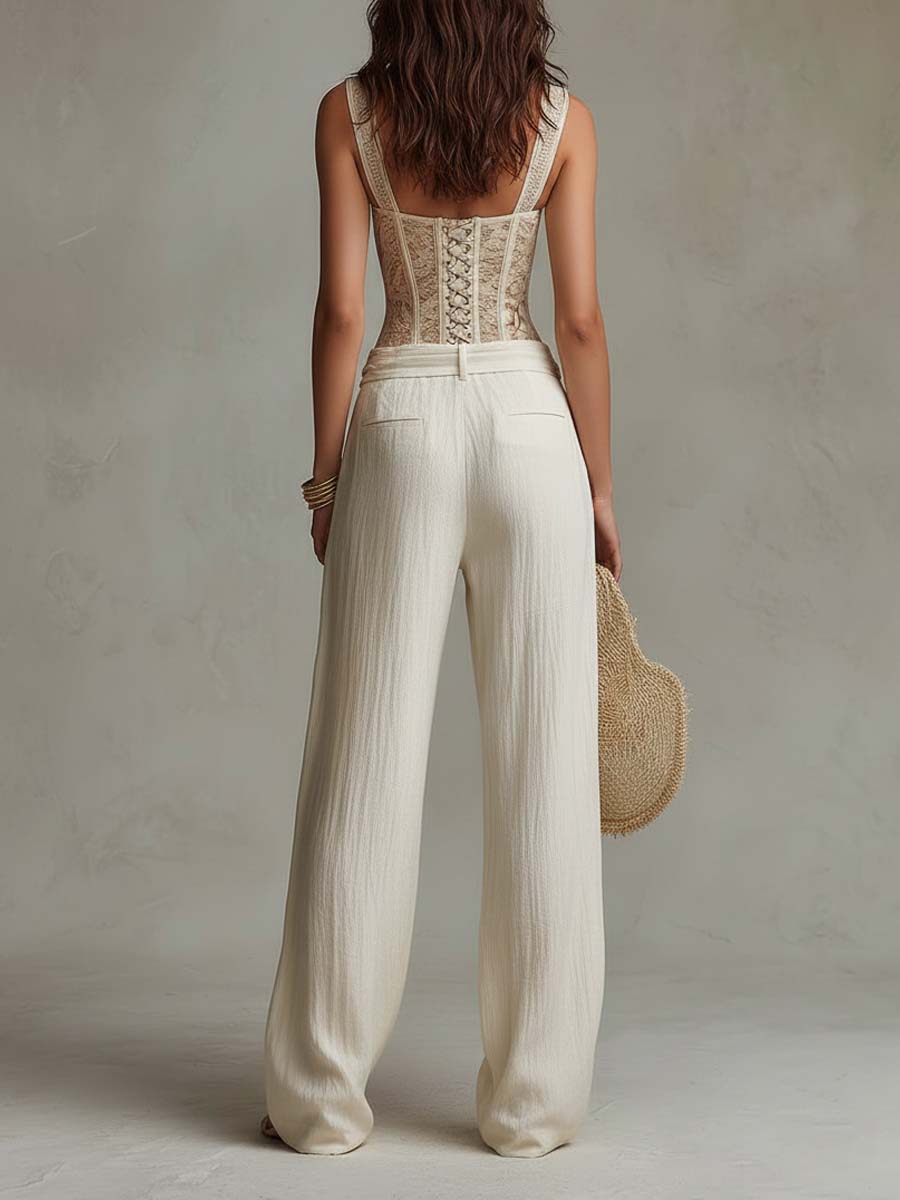 Bohemian Lace bodycon vest & Cotton Wide-Leg Pants Two-Piece Set