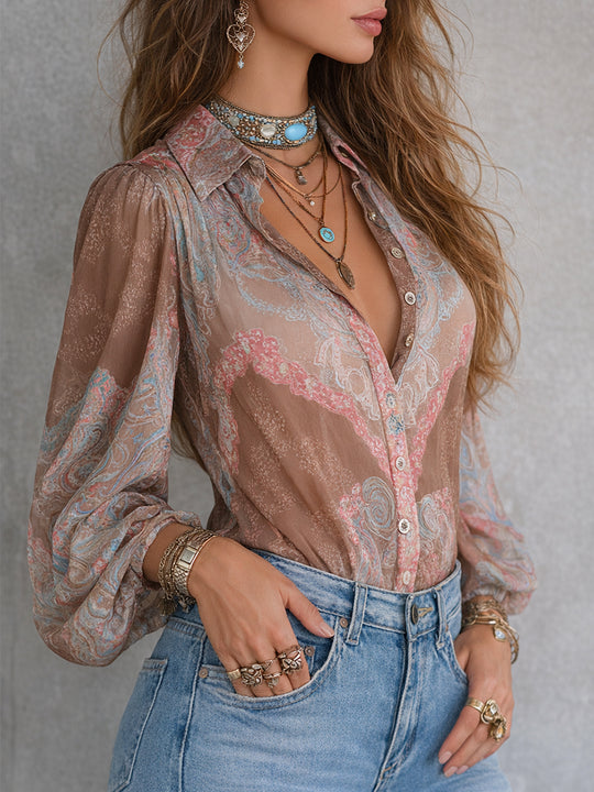 Vintage Chiffon Printed Blouse With Puff Sleeves