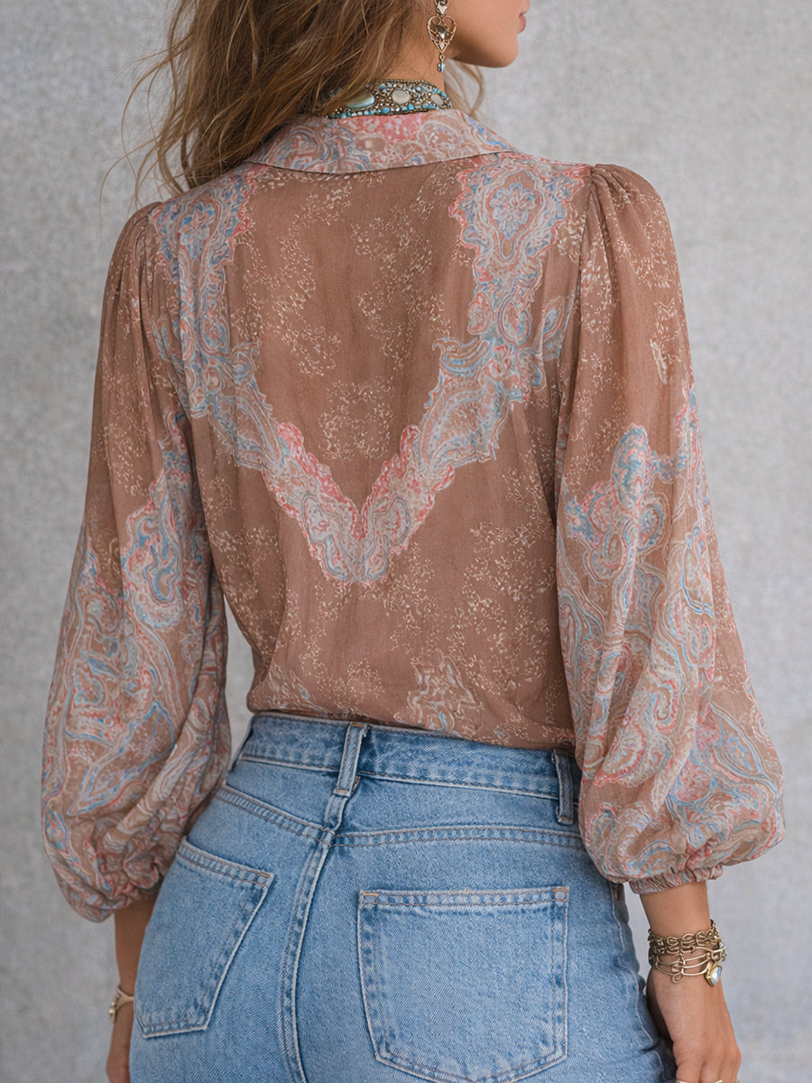 Vintage Chiffon Printed Blouse With Puff Sleeves