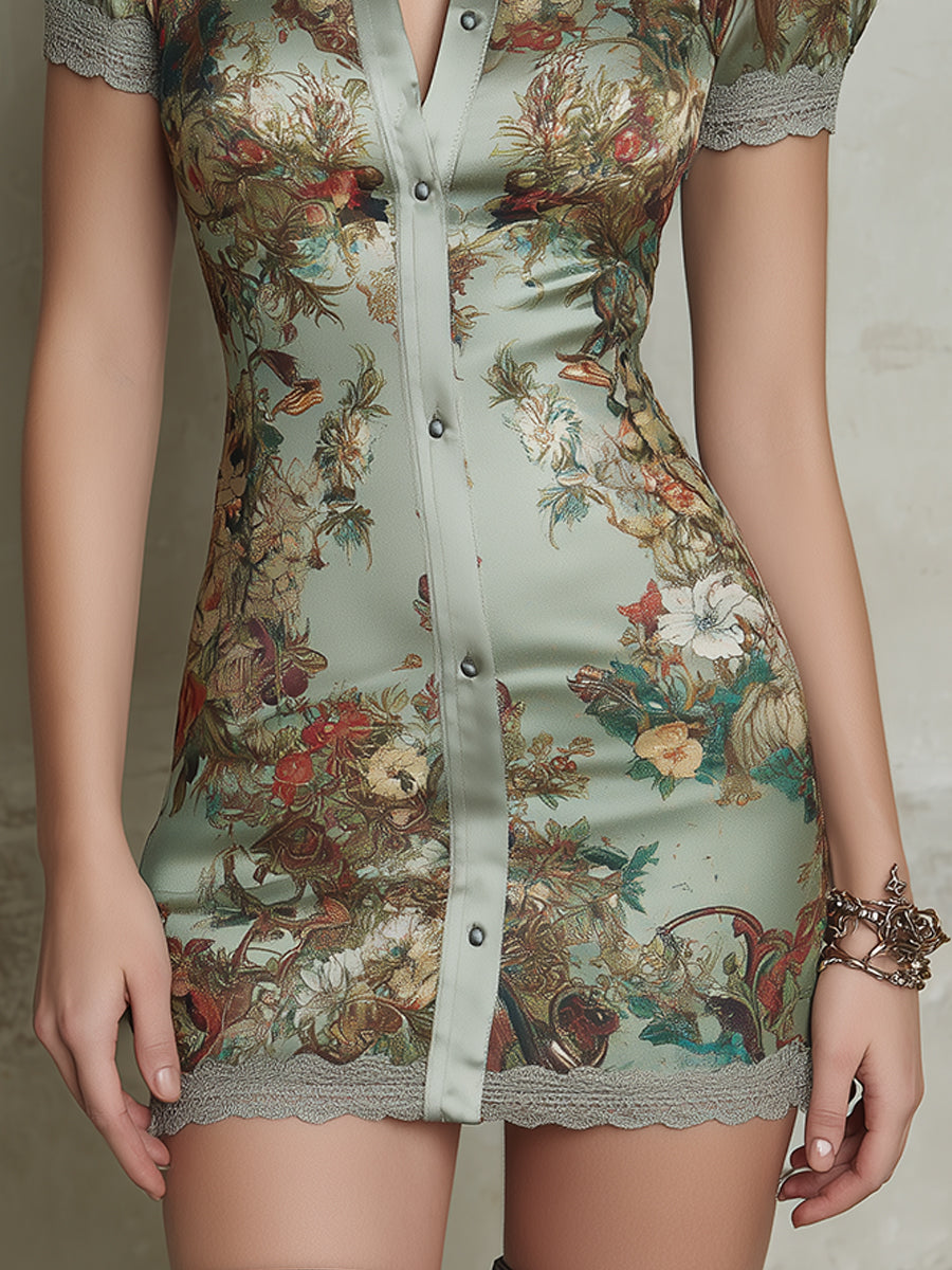 Retro Oil Painting Flower Satin Mini Dress With Lace