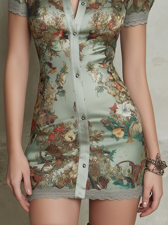 Retro Oil Painting Flower Satin Mini Dress With Lace