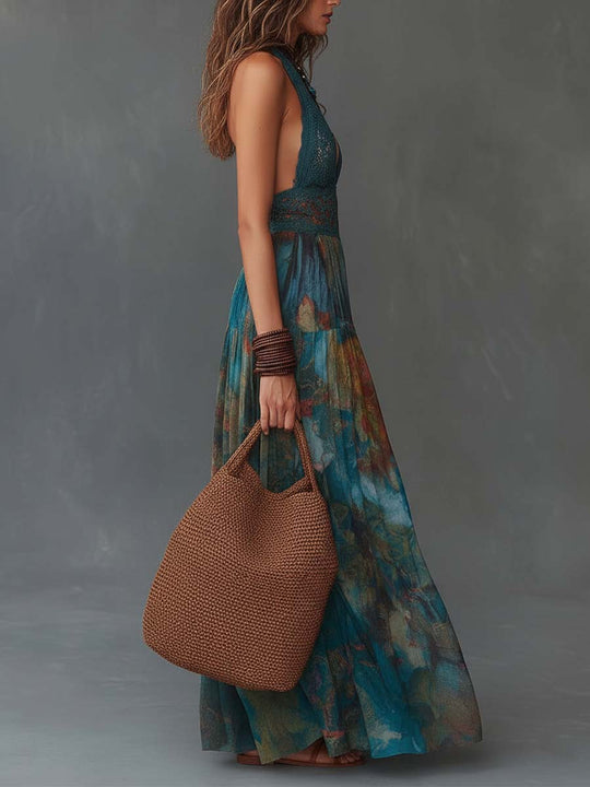 Bohemian Halter Lace Watercolor Print Maxi Dress