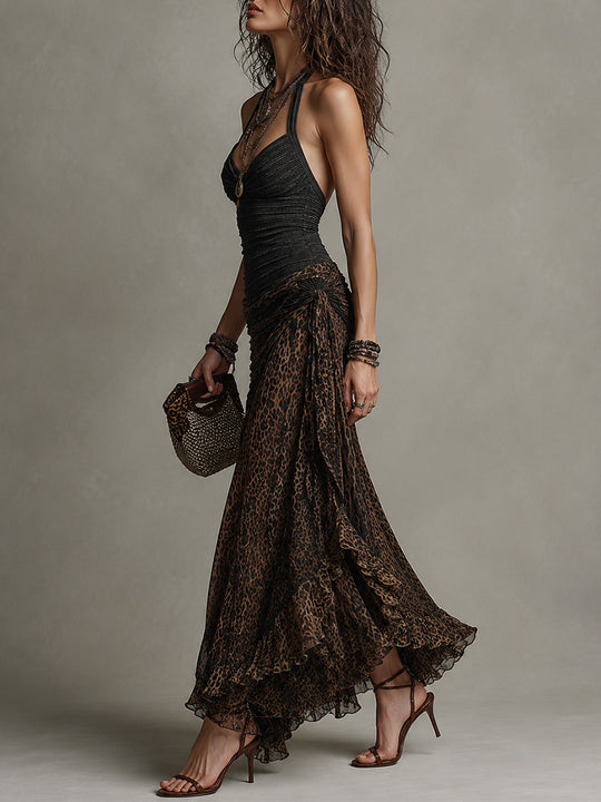 Retro Halter-Neck Tank Top & Leopard-Print Ruched Skirt Set