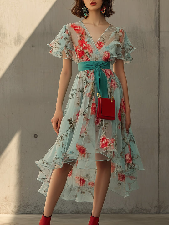 Casual V-neck Lotus Sleeve Flower Maxi Dress