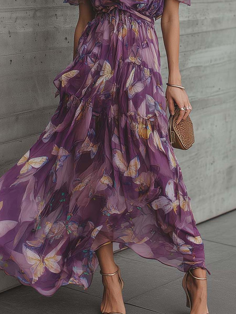 Romantic Boho Off-Shoulder Butterfly Print Maxi Dress – Futario