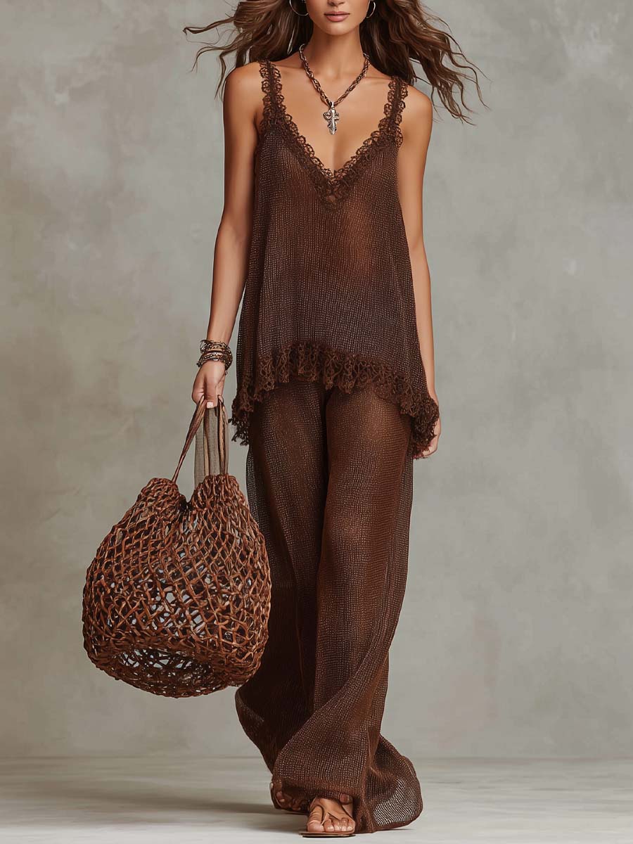 Vintage Lace-trimmed Shimmering Knit Tank Top