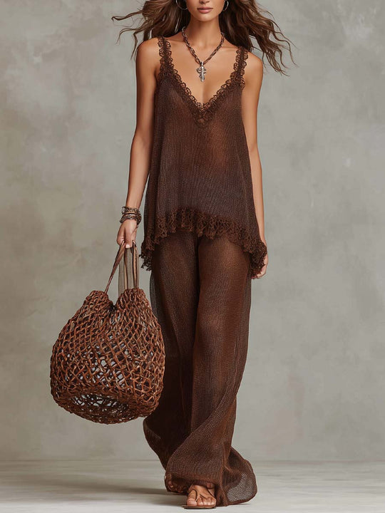 Vintage Lace-trimmed Shimmering Knit Tank Top