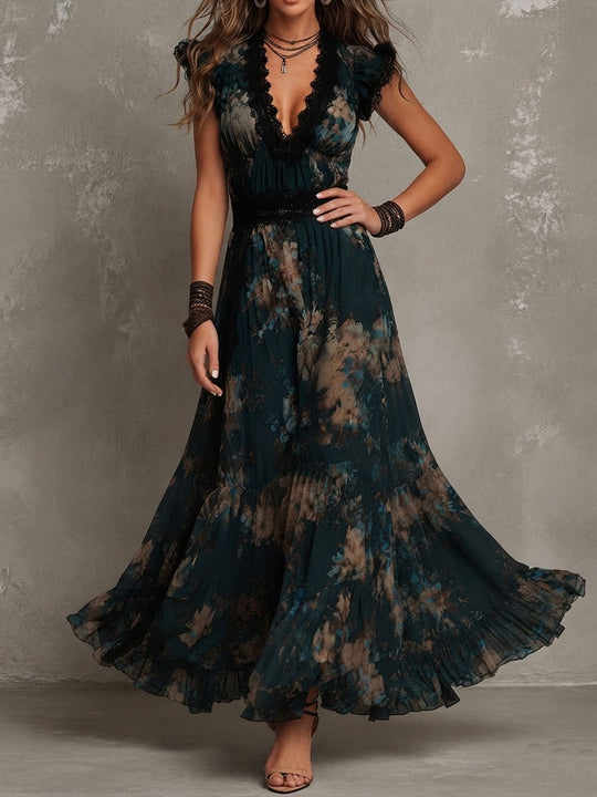 Vacation Boho Dark Floral Chiffon Maxi Dress With Lace Trim