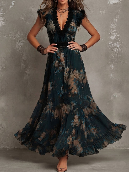 Vacation Boho Dark Floral Chiffon Maxi Dress With Lace Trim