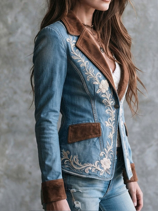 Vintage Cowboy Suede Lapel Floral Embroidery Denim Jacket