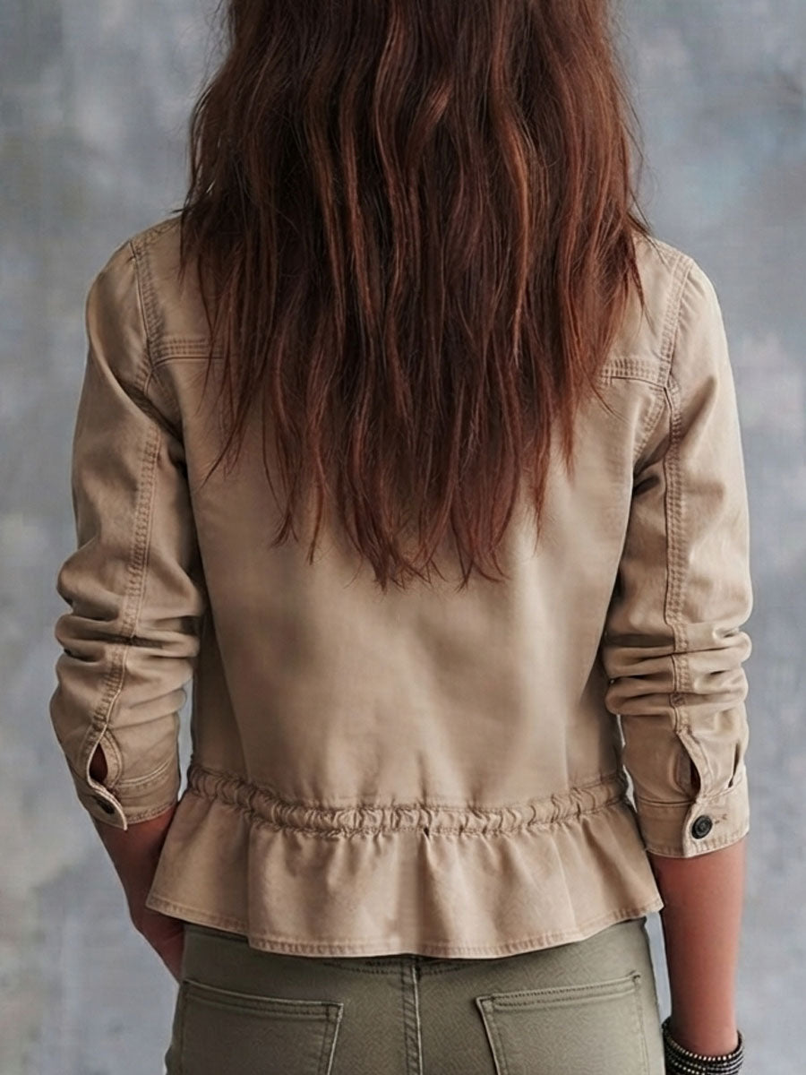 Vintage Washed Denim Khaki Ruffle Hem Cropped Casual Jacket
